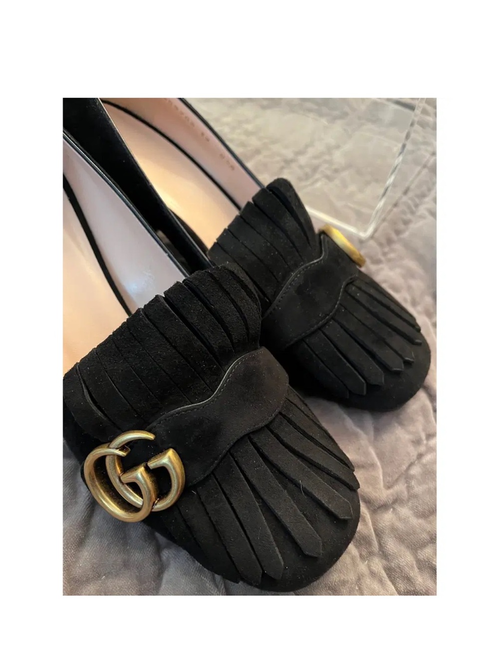 Gucci Black Suede Marmont Fringe Block Heel Loafers with Gold GG in Sz 38 1/2 - Picture 12 of 16
